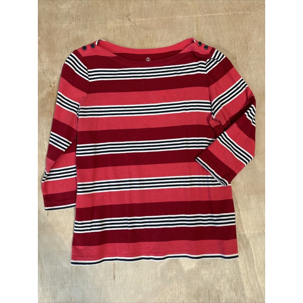 Lands End M 10/12 Women Blouse top stripes 3/4 sleeve boat neck Button Detail